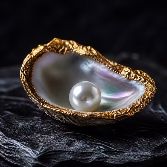 A gold-leafed oyster shell with an iridescent mother-of-pearl interior holding a single white pearl, on dark slate